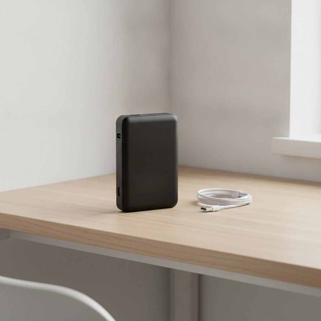 Batterie externe 10 000 mAh, 22,5 W, en situation dans un interieur