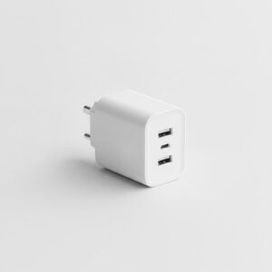 Chargeur secteur GaN 65 W à trois ports, vu de trois quarts sur fond neutre