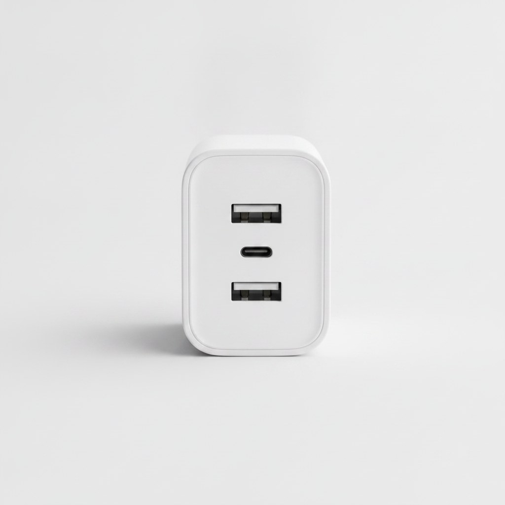 Chargeur secteur GaN 65 W à trois ports, vue de detail de la connectique