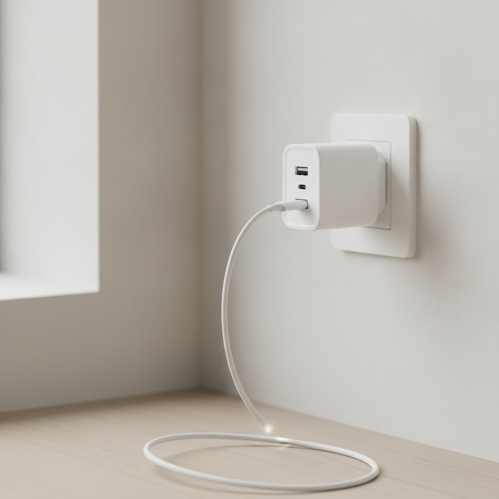 Chargeur secteur GaN 65 W à trois ports, en situation dans un interieur