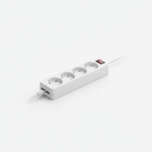 Multiprise parafoudre 5 prises et 3 ports USB, vu de trois quarts sur fond neutre