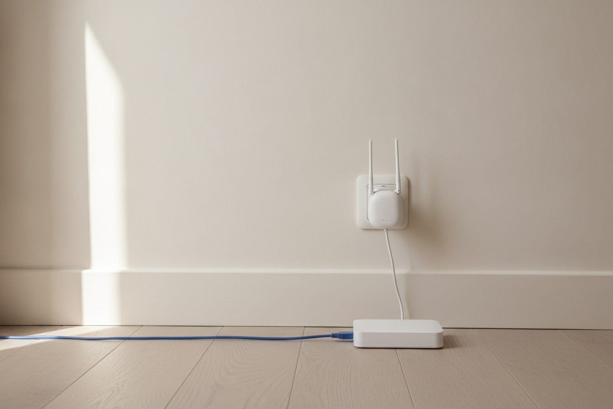 Repeteur Wi-Fi sur prise murale et adaptateur CPL le long d'une plinthe
