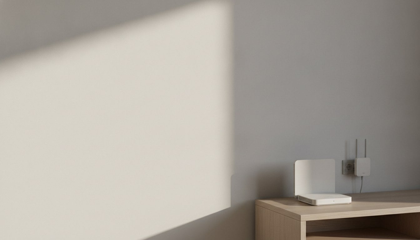 Box internet et repeteur Wi-Fi dans un sejour clair