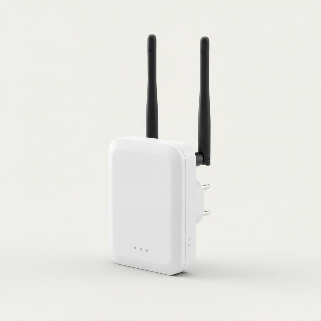 Répéteur Wi-Fi 6 double bande AX1500, vu de trois quarts sur fond neutre