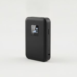 Routeur mobile 4G LTE avec batterie, vu de trois quarts sur fond neutre