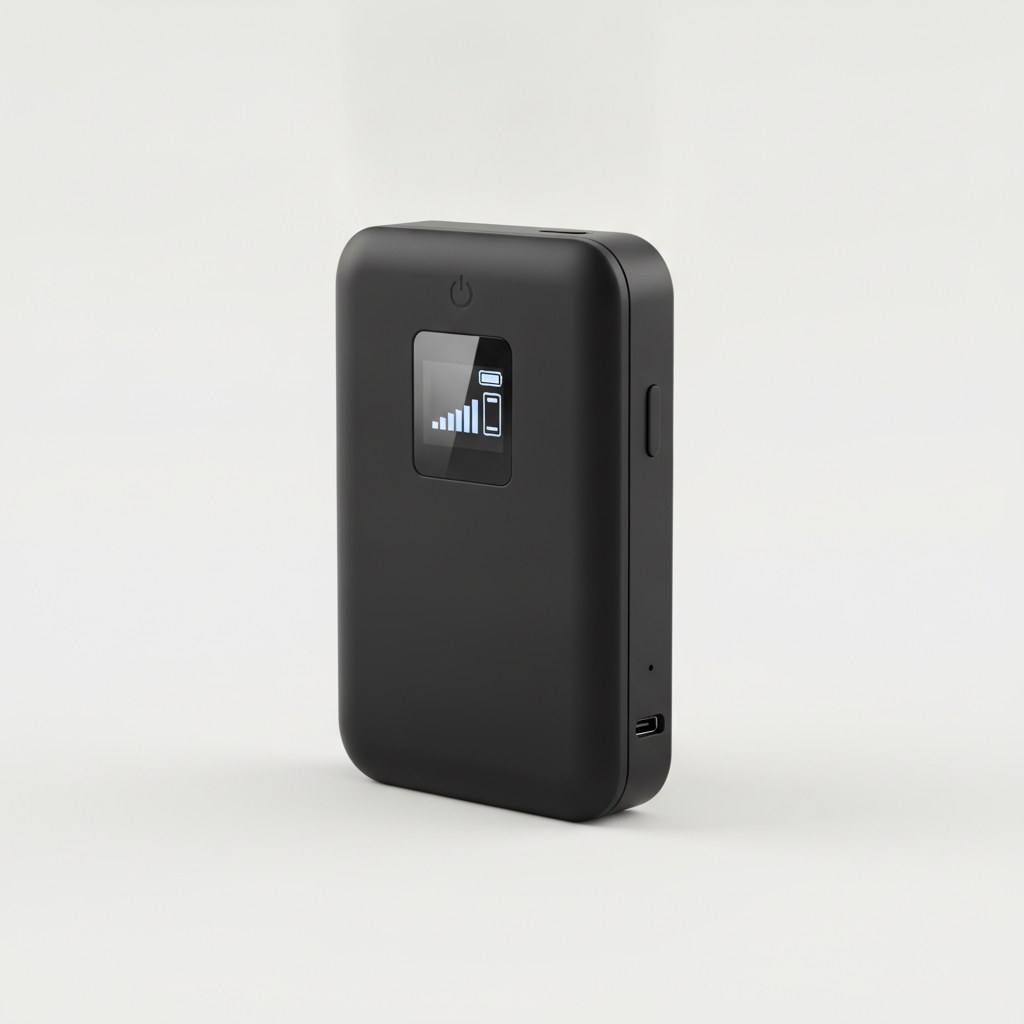 Routeur mobile 4G LTE avec batterie, vu de trois quarts sur fond neutre