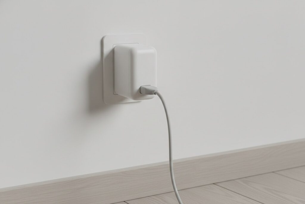 Adaptateur CPL blanc branché sur une prise murale, câble Ethernet gris relié au boîtier