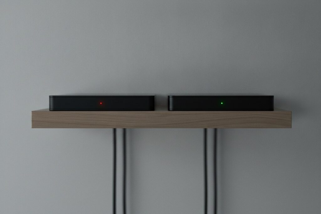 Deux boîtiers noirs en veille sur une étagère en bois clair, diodes allumées