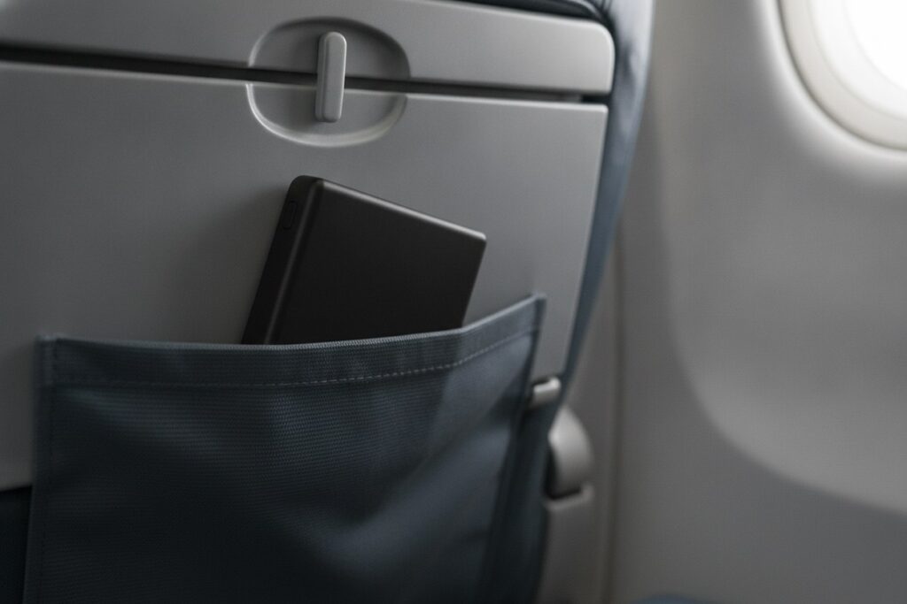 Batterie externe noire glissee dans la pochette du dossier d'un siege d'avion