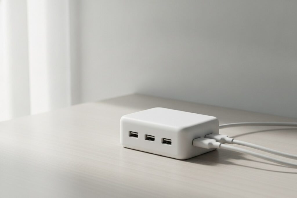 Bloc secteur multiport blanc sur un bureau en bois clair, deux cordons USB-C branchés