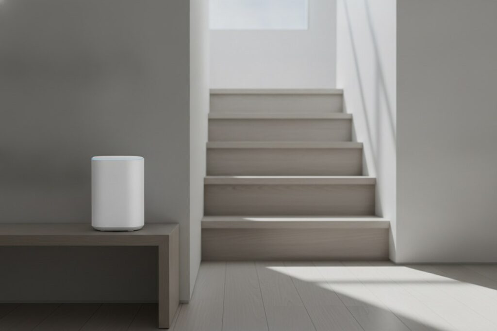 Boîtier Wi-Fi blanc posé sur une console en bois au pied d'un escalier