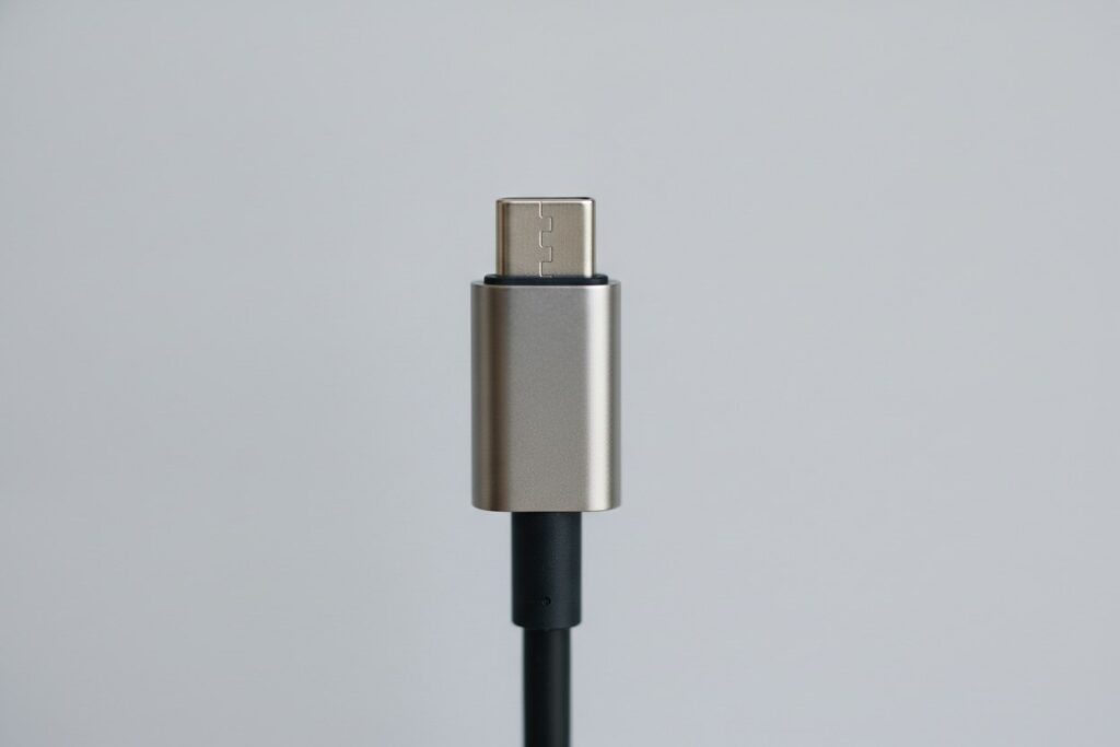 Gros plan frontal sur les contacts dorés d'un connecteur USB-C posé sur fond gris uni
