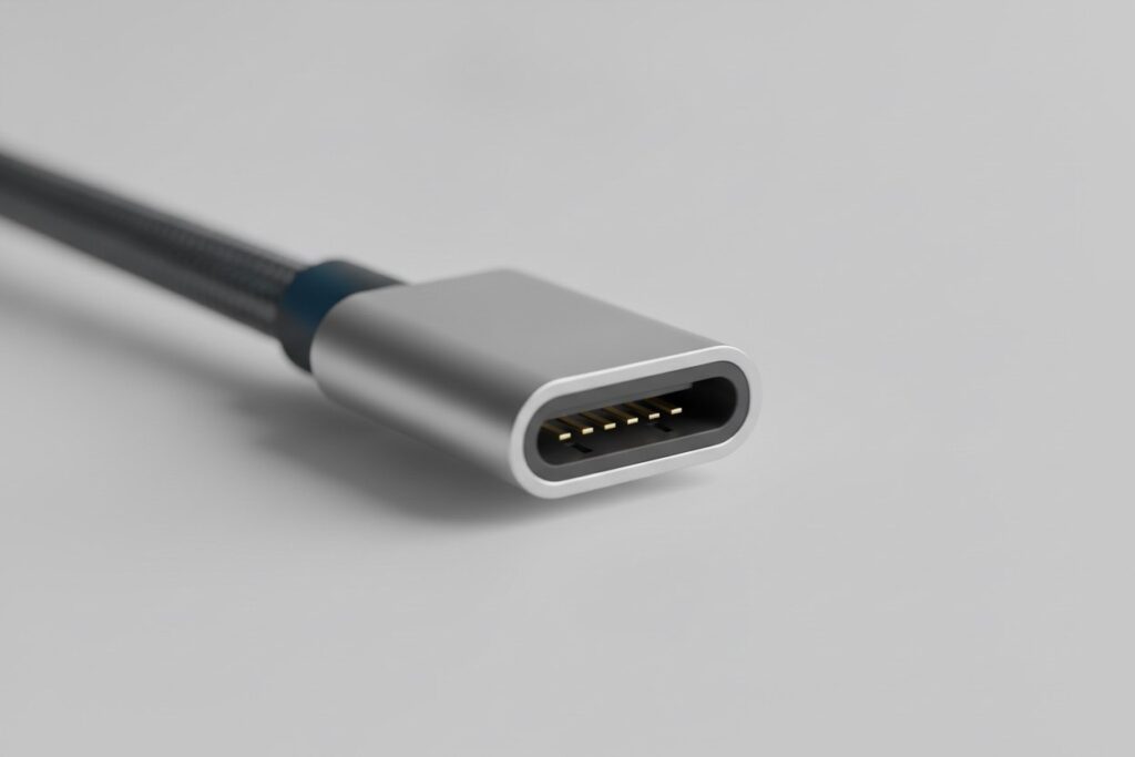 Fiche USB-C en macro, contacts dorés apparents et gaine tressée en arrière-plan flou