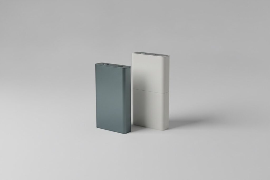 Deux batteries externes de tailles differentes posees cote a cote sur un fond gris clair