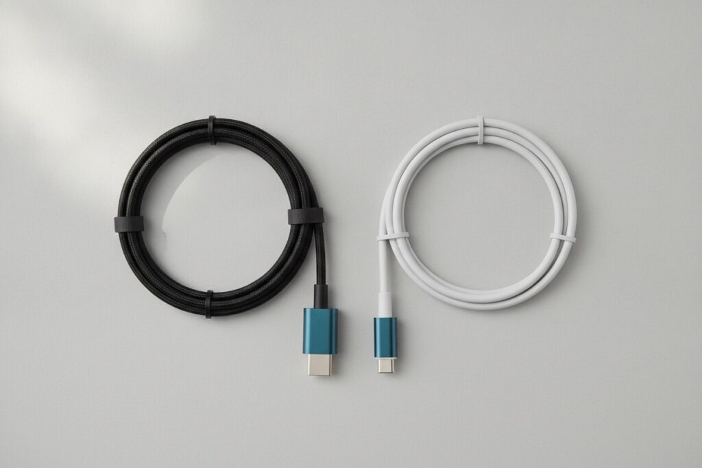 Deux câbles USB-C côte à côte, l'un épais et rigide à gaine tressée, l'autre fin et souple