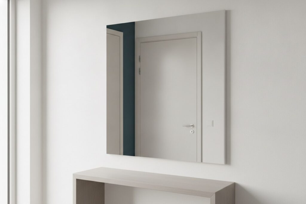 Grand miroir mural sans cadre dans une entrée claire, reflet d'une porte et d'un mur