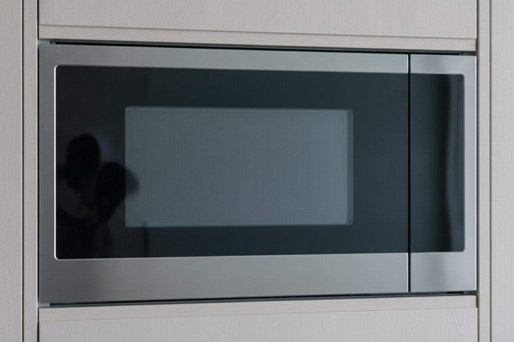 Gros plan sur la grille métallique perforée de la porte d'un four à micro-ondes