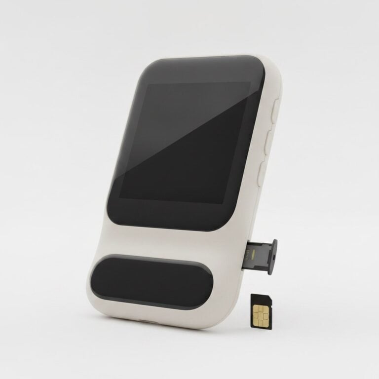 Tiroir de carte nano-SIM sorti sur la tranche du boîtier, carte dorée posée à côté