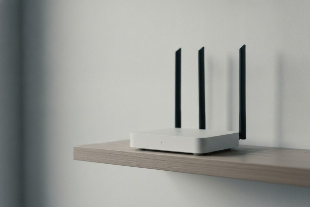 Point d'accès Wi-Fi domestique à trois antennes externes posé sur une étagère en chêne clair