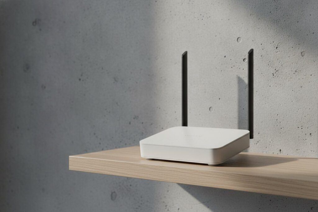 Boîtier Wi-Fi blanc à antennes posé sur une étagère devant un mur en béton