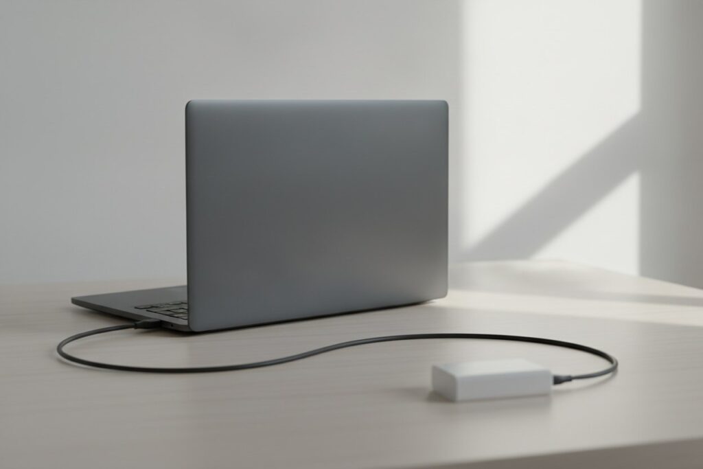 Ordinateur portable en charge par un câble USB-C relié à un bloc secteur sur un bureau en bois clair