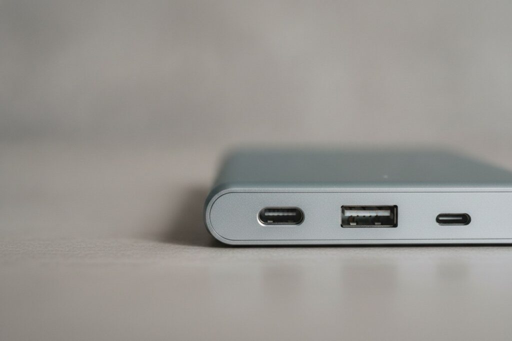 Gros plan sur les ports USB-C et USB-A alignes sur la tranche d'une batterie externe