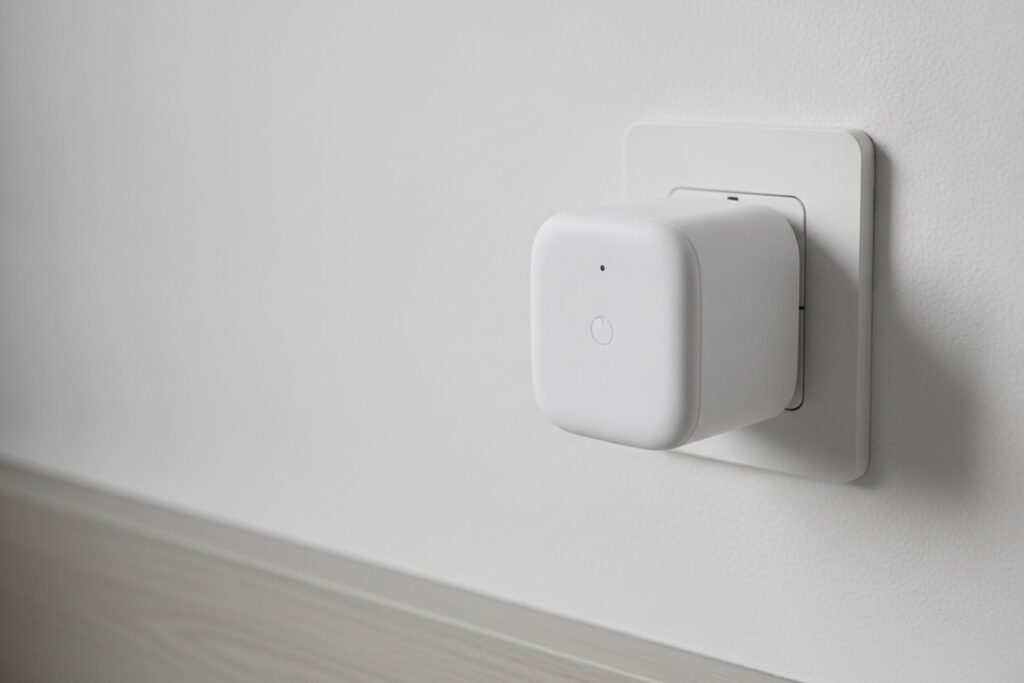 Boîtier blanc d'une prise connectée enfiché au mur, plinthe en bois clair