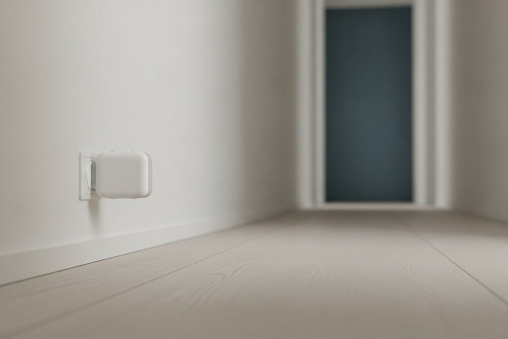 Petit boîtier répéteur Wi-Fi blanc branché sur une prise murale basse dans un couloir clair